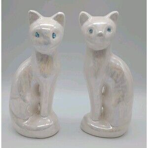Vintage Iridescent White Ceramic MCM Cat Statues With Blue Rhinestone Eyes